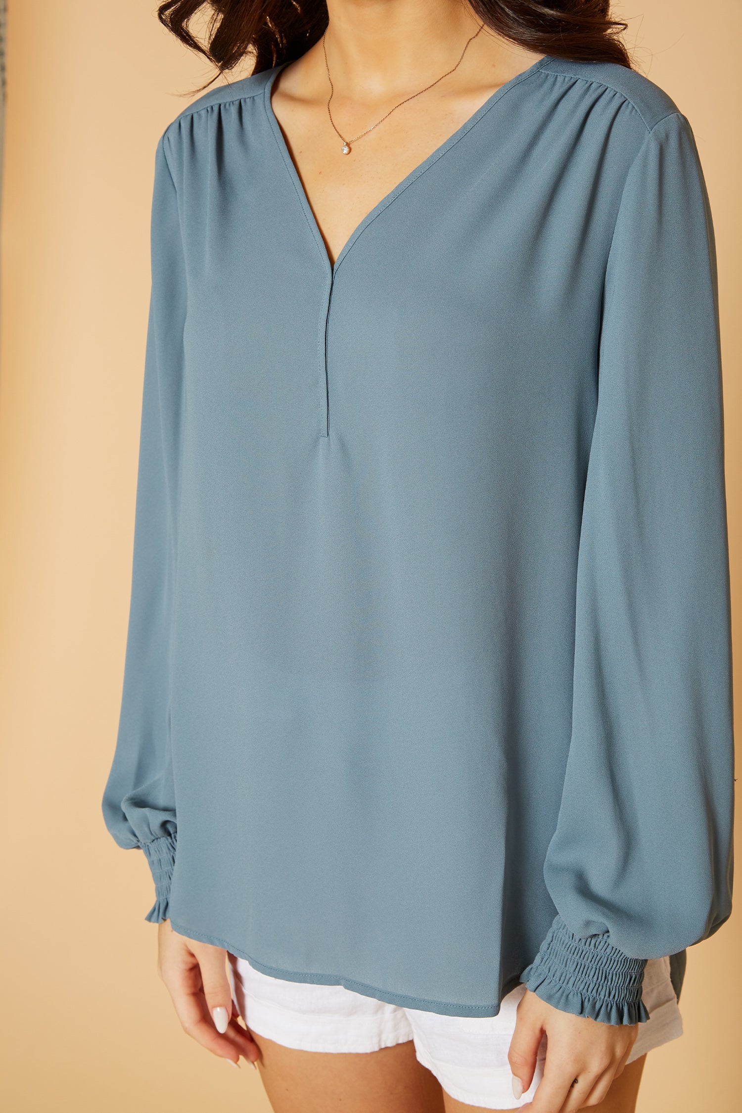 N/A Pleione Solid V-Neck Smock Wrist Blouse in Caspian Blue (FIND)