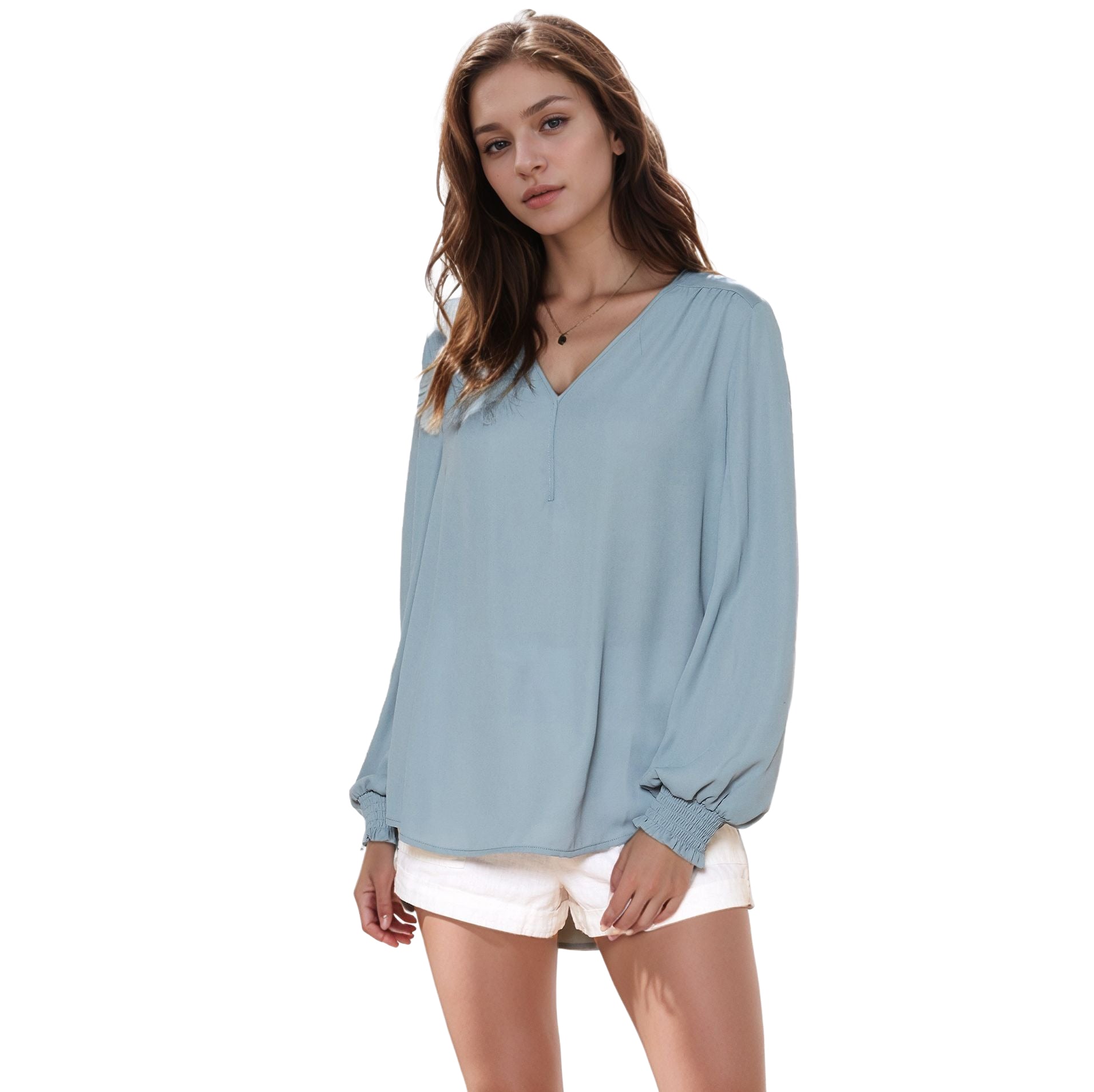 N/A Pleione Solid V-Neck Smock Wrist Blouse in Caspian Blue (FIND)