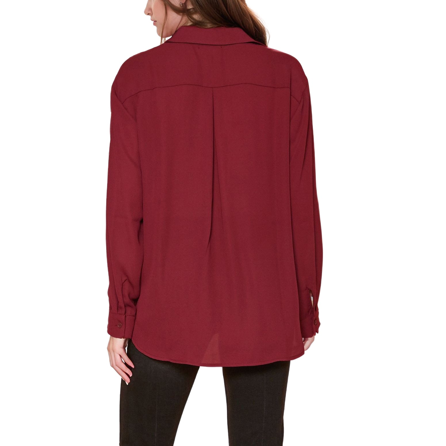 Pleione Women's Solid Low Back Button Shirt in Burgundy