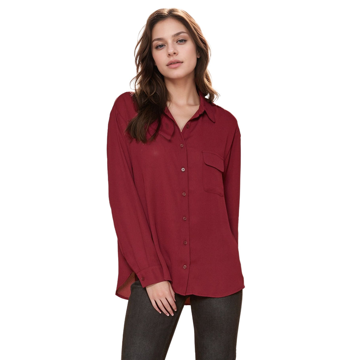 Pleione Women's Solid Low Back Button Shirt in Burgundy
