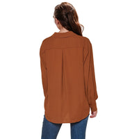 Pleione Women's Solid Low Back Button Shirt in Brown