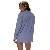 Pleione Women's Solid Low Back Button Shirt in Dusty Blue
