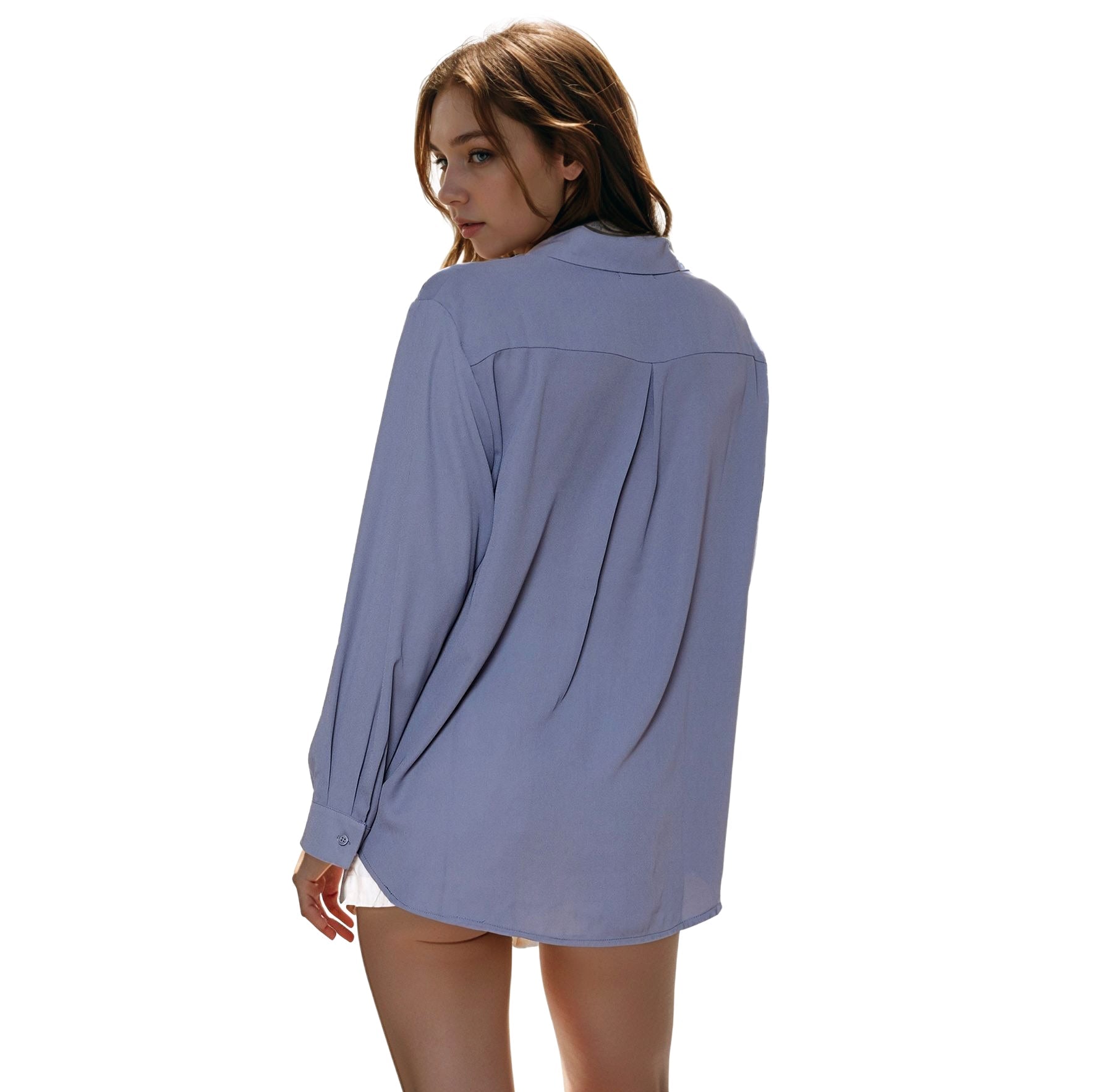 Pleione Women's Solid Low Back Button Shirt in Dusty Blue