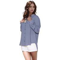 Pleione Women's Solid Low Back Button Shirt in Dusty Blue