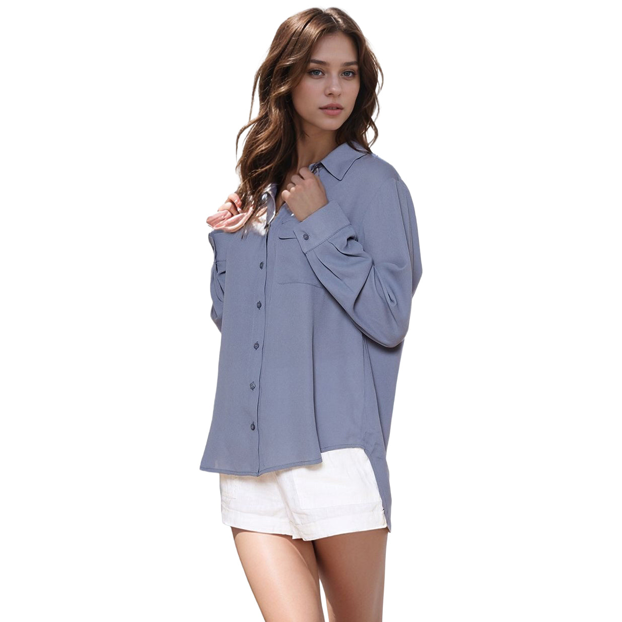 Pleione Women's Solid Low Back Button Shirt in Dusty Blue