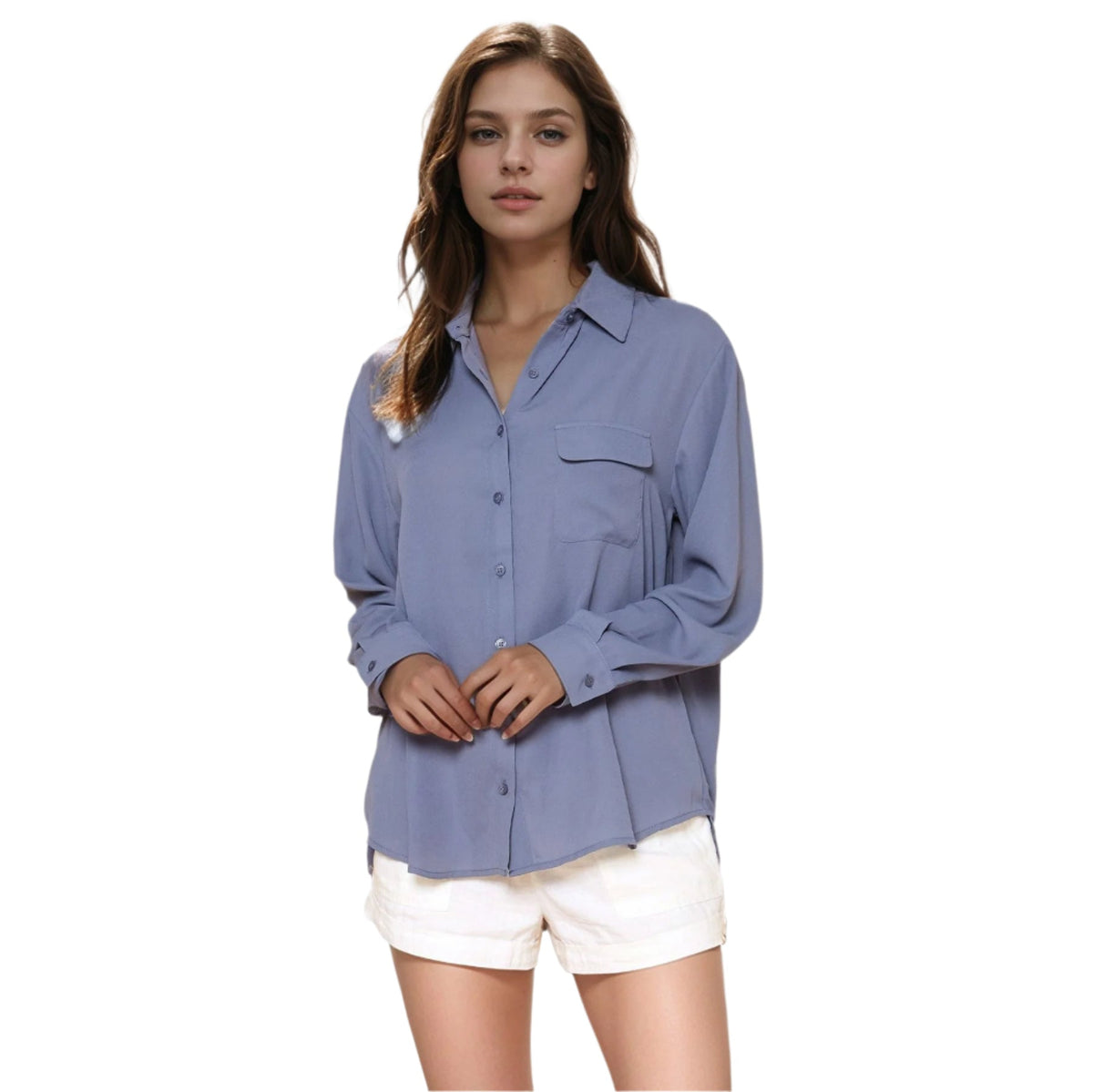 Pleione Women's Solid Low Back Button Shirt in Dusty Blue