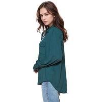 Pleione Women's Solid Low Back Button Shirt in Green