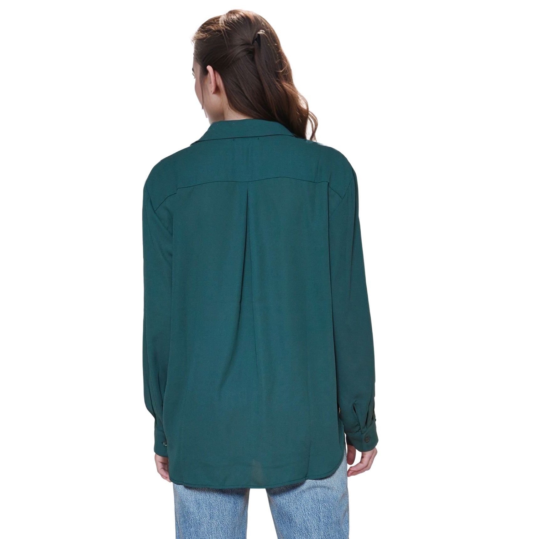 Pleione Women's Solid Low Back Button Shirt in Green