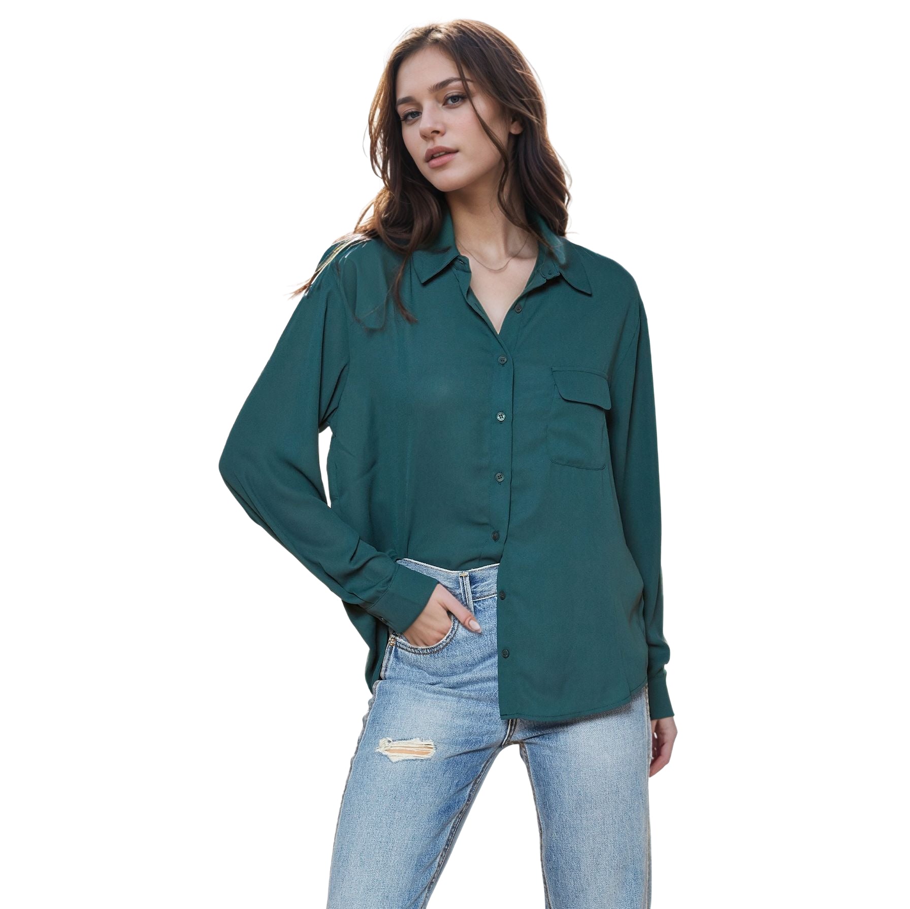 Pleione Women's Solid Low Back Button Shirt in Green