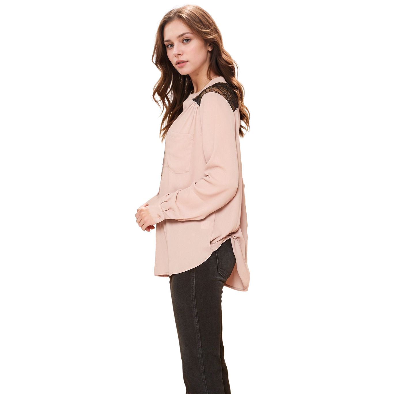 Pleione V-Neck Laced Shoulder LS Top in Dusty Rose