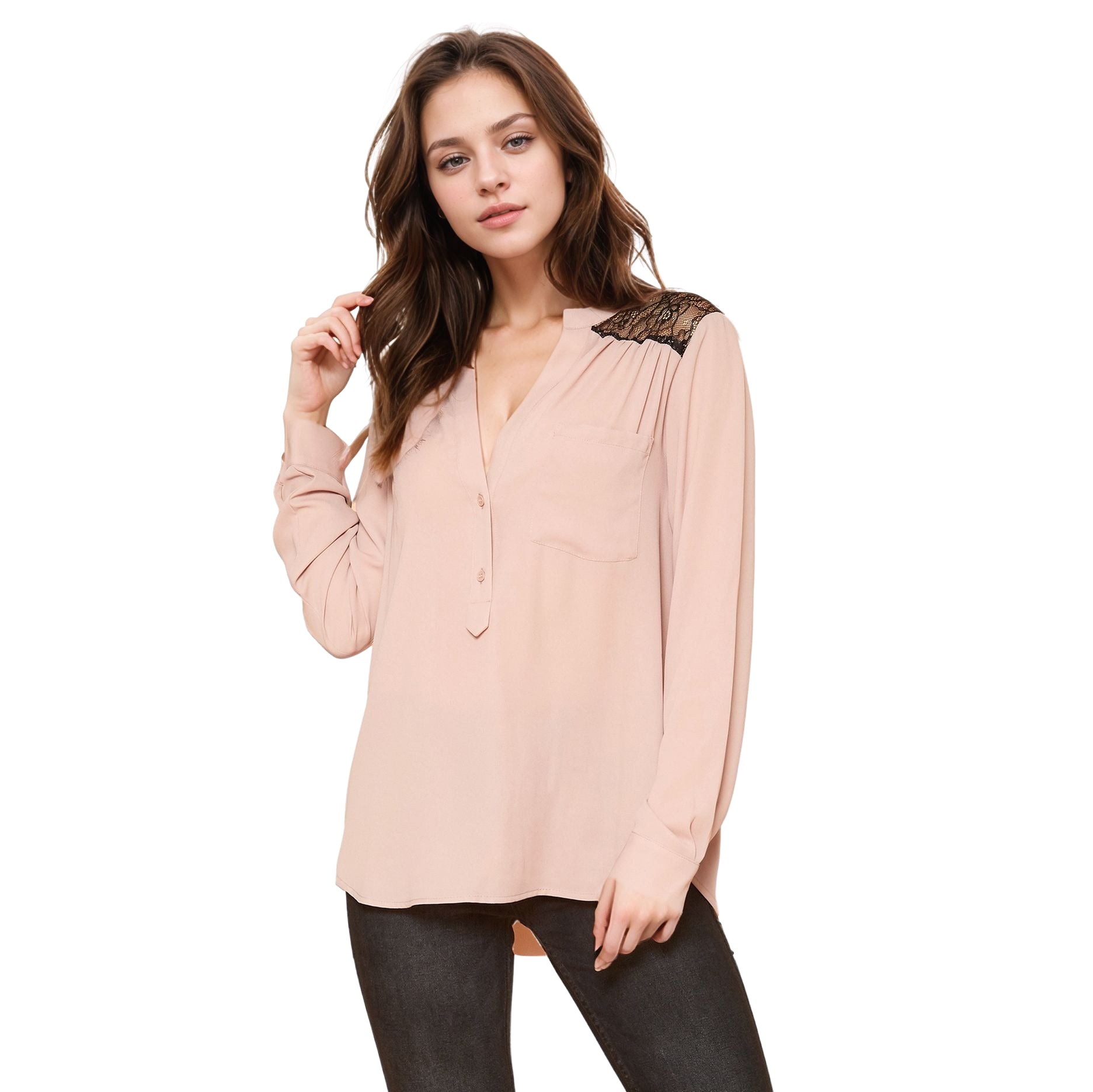 Pleione V-Neck Laced Shoulder LS Top in Dusty Rose