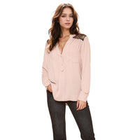 Pleione V-Neck Laced Shoulder LS Top in Dusty Rose