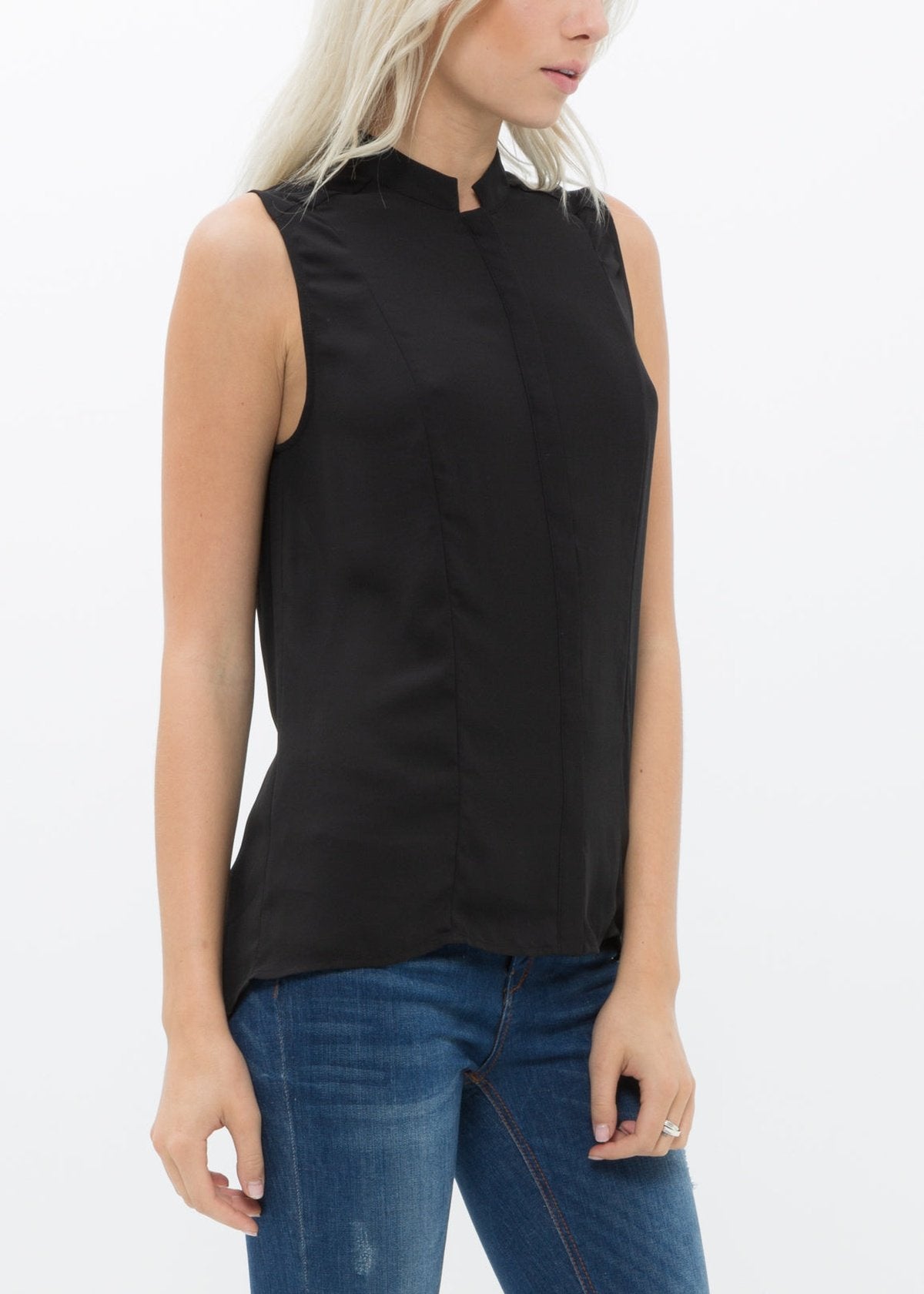 Side view of black Women's Stand Collar Sleeveless Blouse
