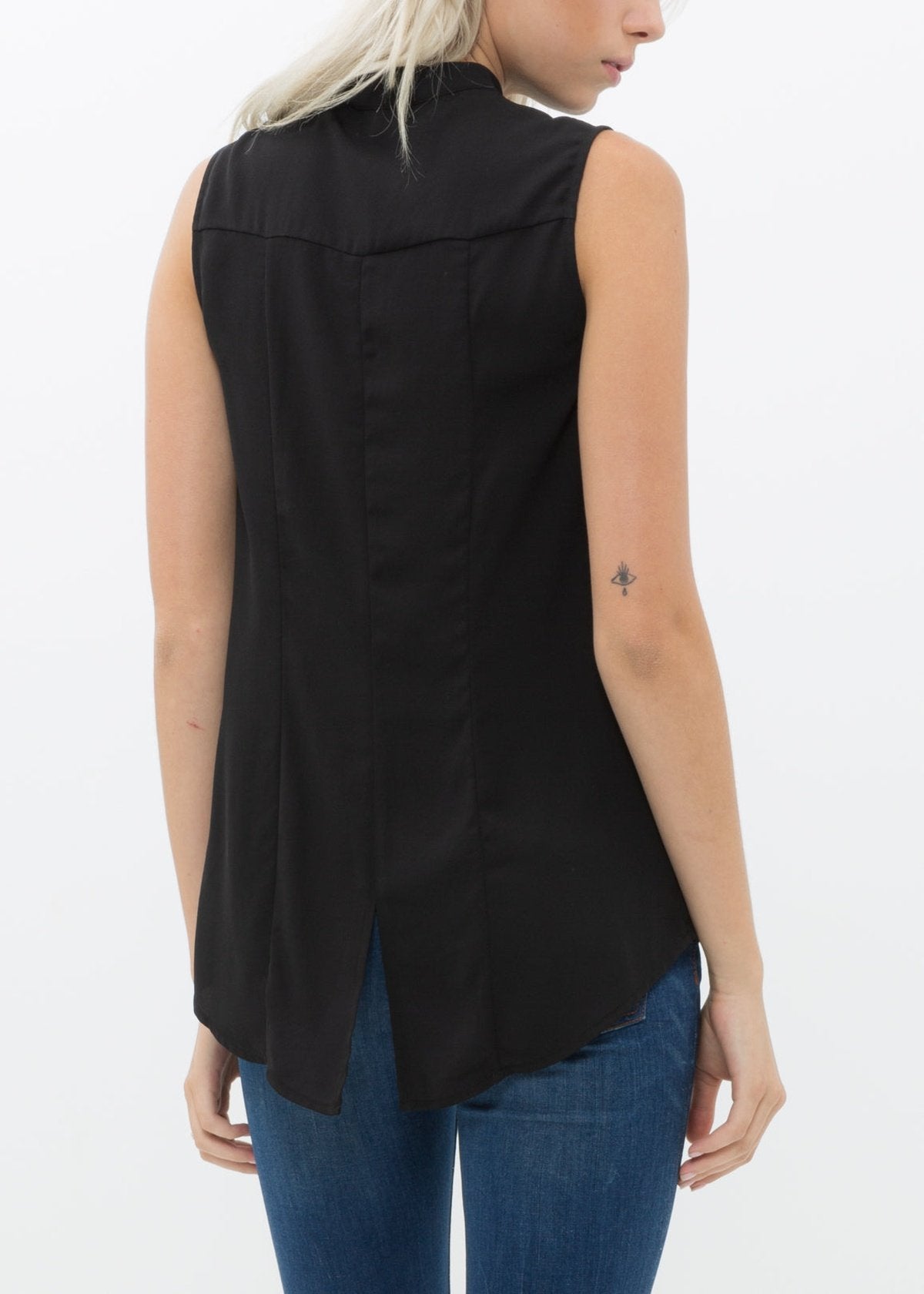 Back view of black Women's Stand Collar Sleeveless Blouse