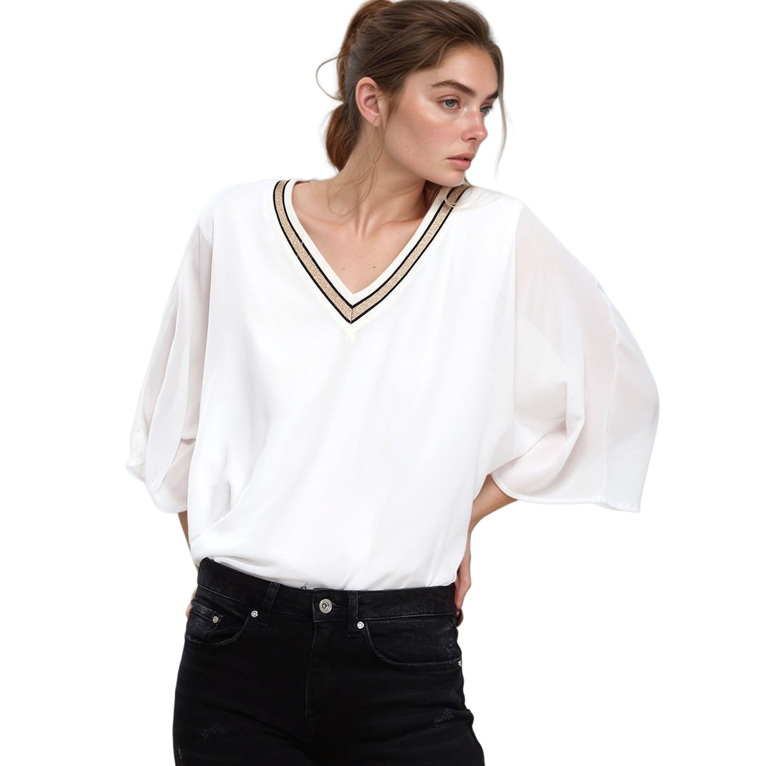 UPDATED - Pleione V-Neck Chiffon Blouse Top In White
