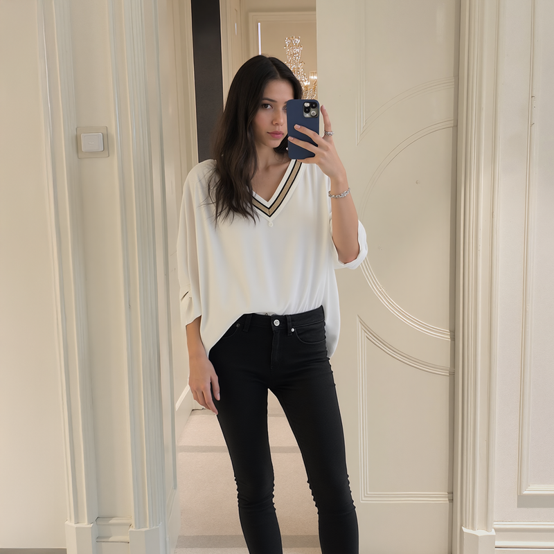 UPDATED - Pleione V-Neck Chiffon Blouse Top In White