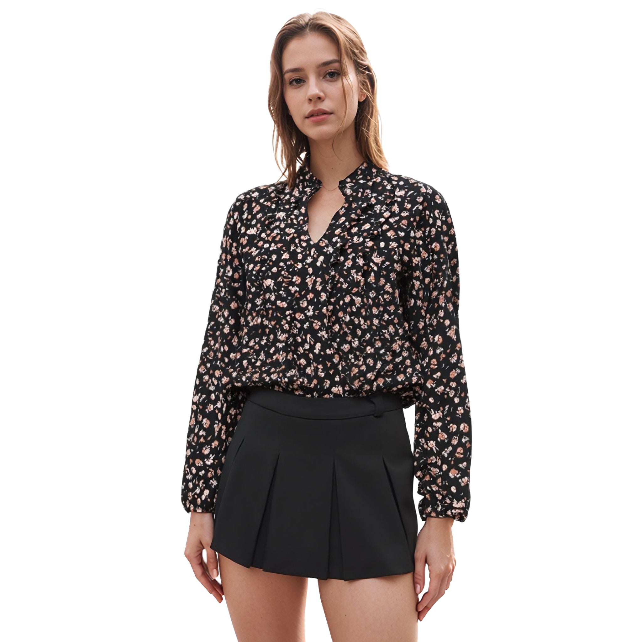 UPDATED - Pleione Long Sleeve Printed Ruffle Down Blouse