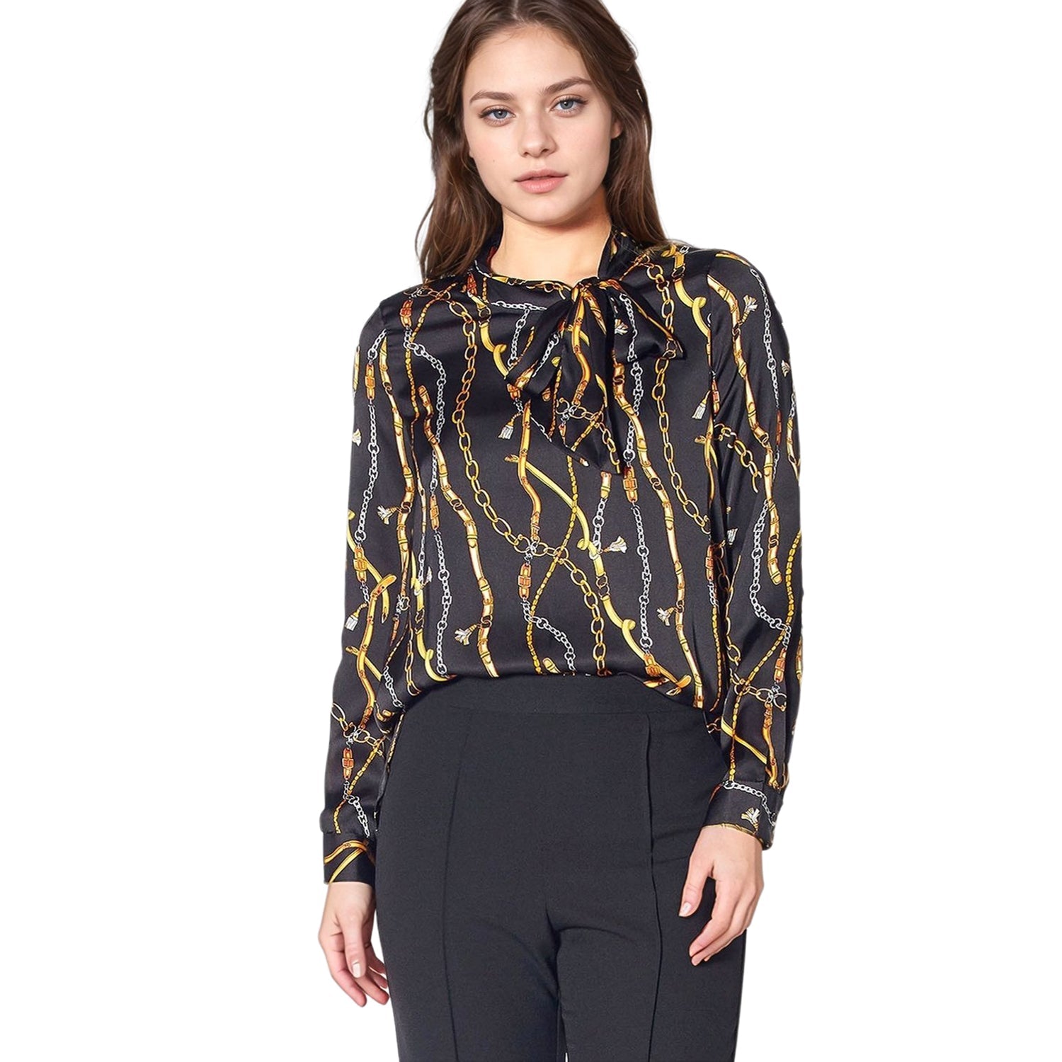Pleione Women's Chained Print Scarf Tie Blouse
