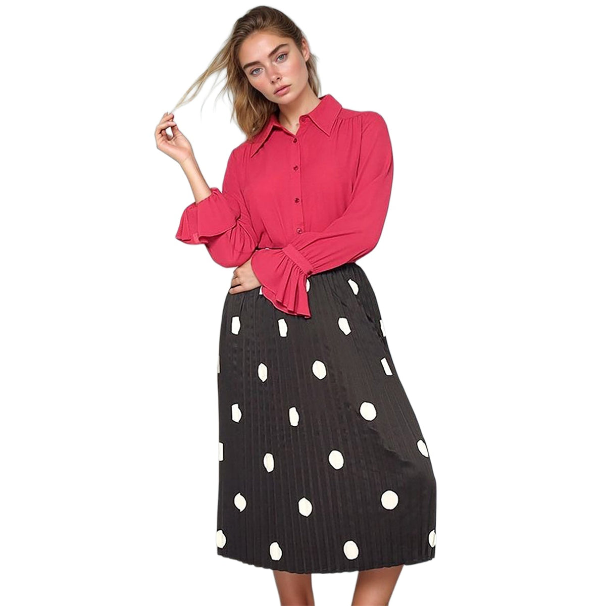 Pleione Pleated Polka Dot Midi Skirt In Black