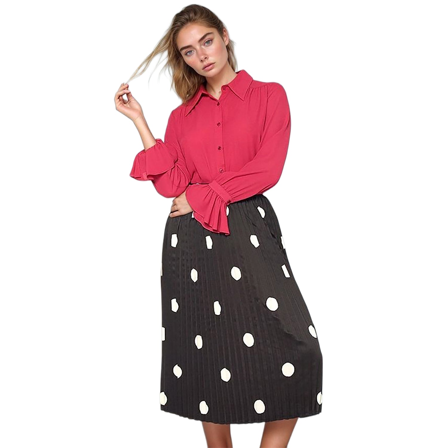 Pleione Pleated Polka Dot Midi Skirt In Black