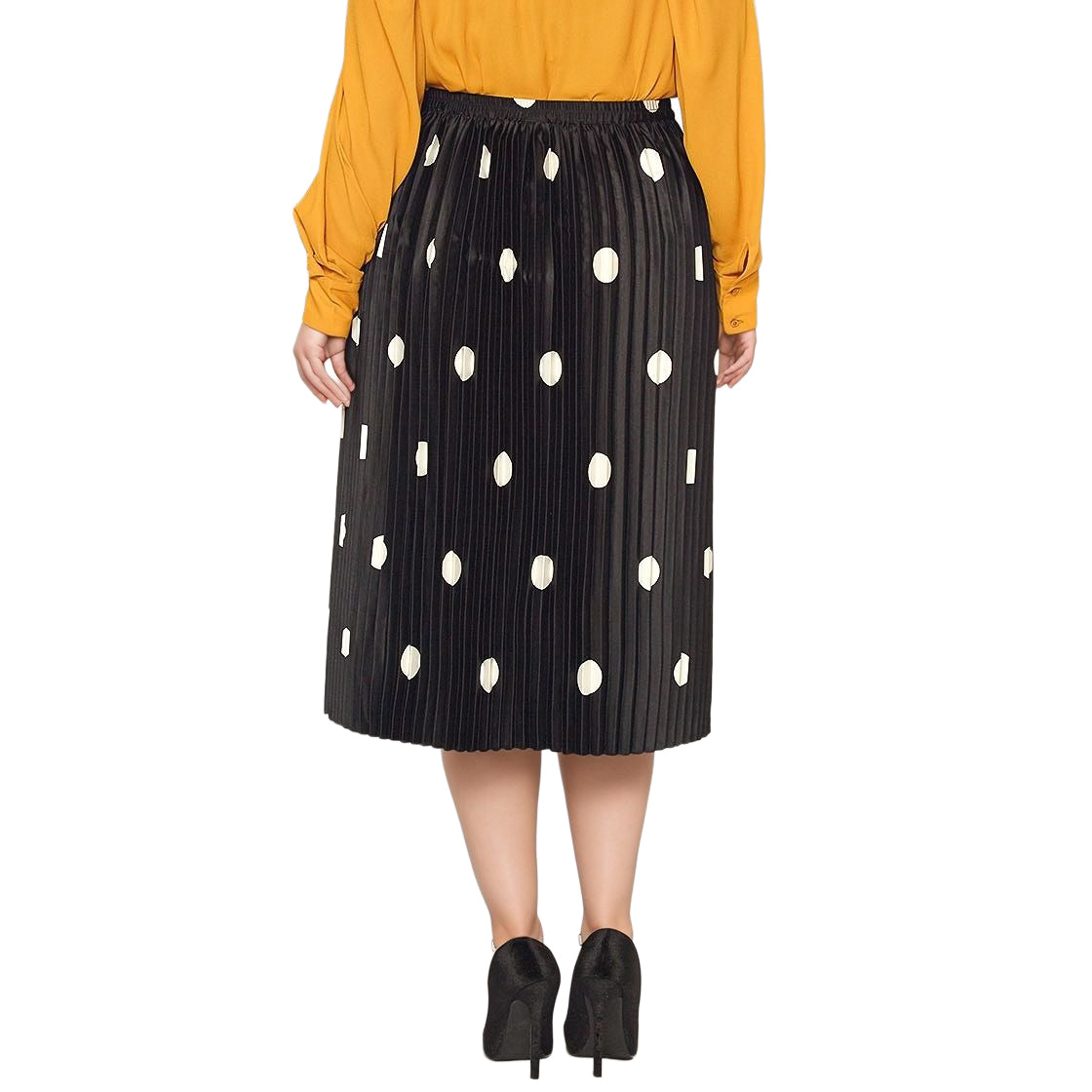 UPDATED - Pleione Plus Size Pleated Polka Dot Midi Skirt In Black