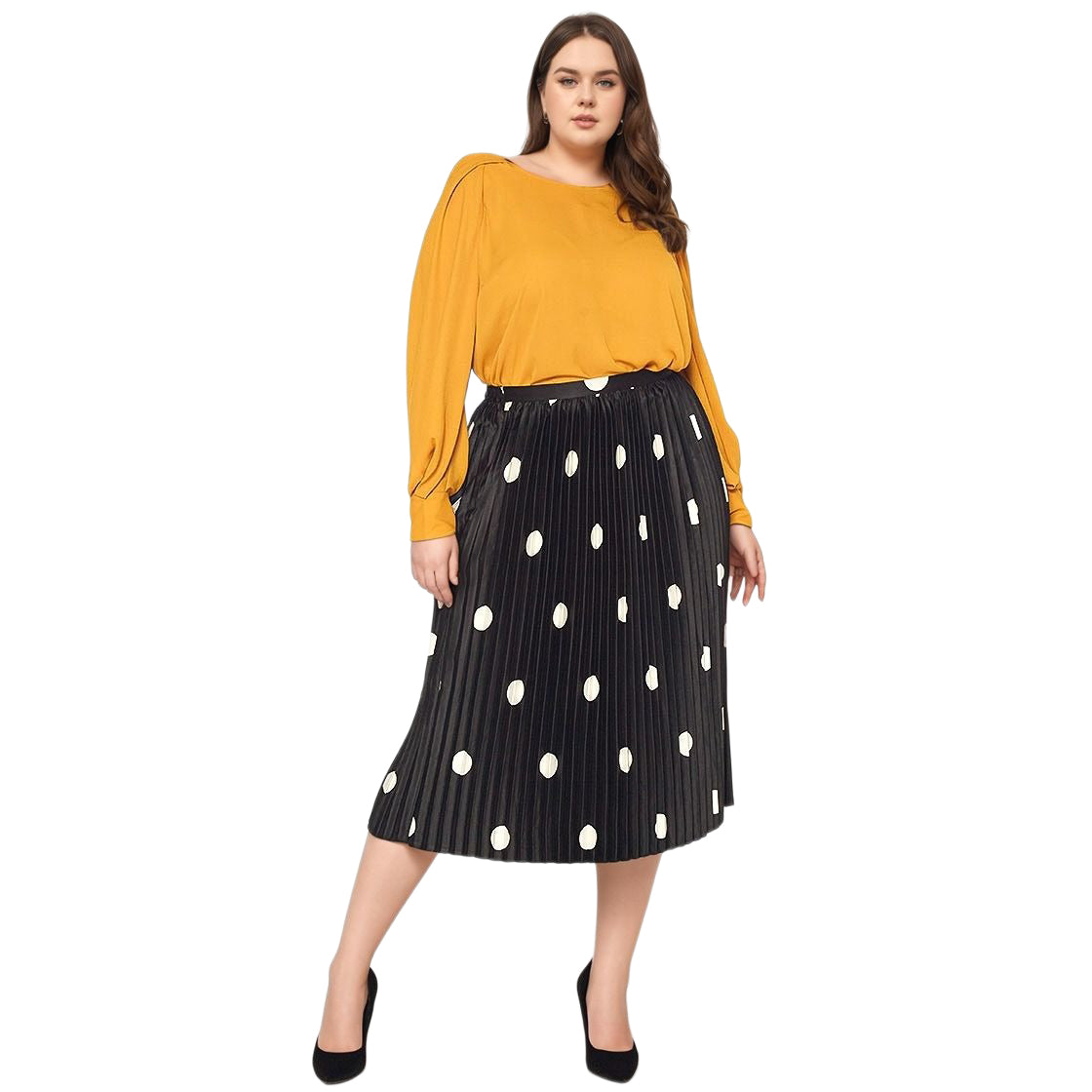 UPDATED - Pleione Plus Size Pleated Polka Dot Midi Skirt In Black