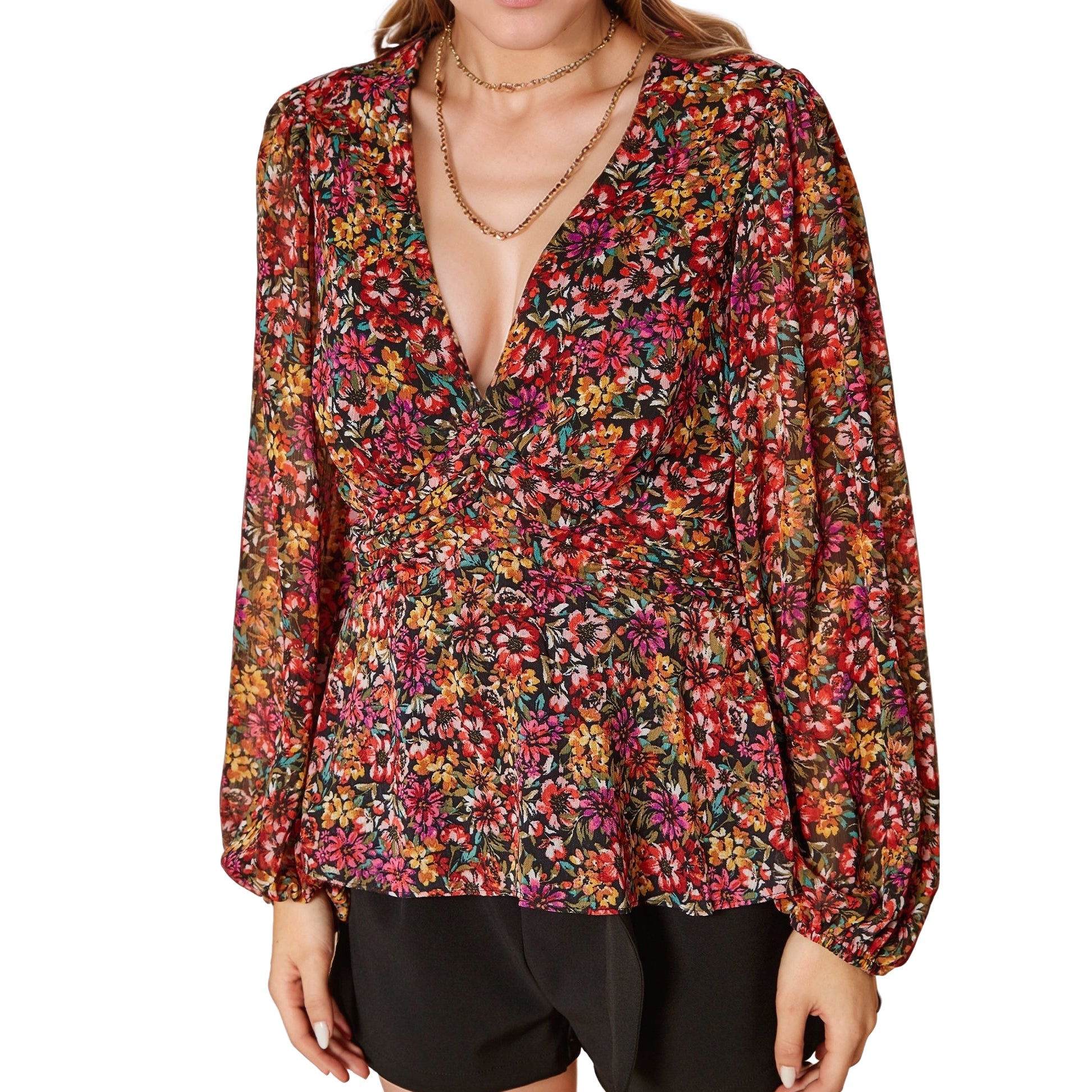 Pleione Women's V-Neck Puff Sleeve Top in Fuchsia