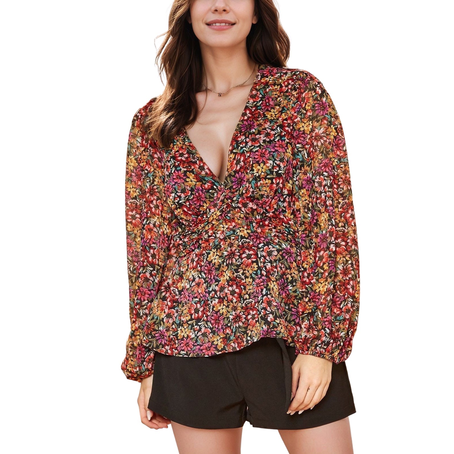 Pleione Women's V-Neck Puff Sleeve Top in Fuchsia