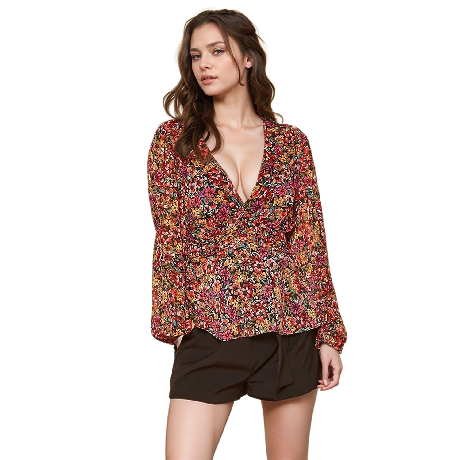 Pleione Women's V-Neck Puff Sleeve Top in Fuchsia