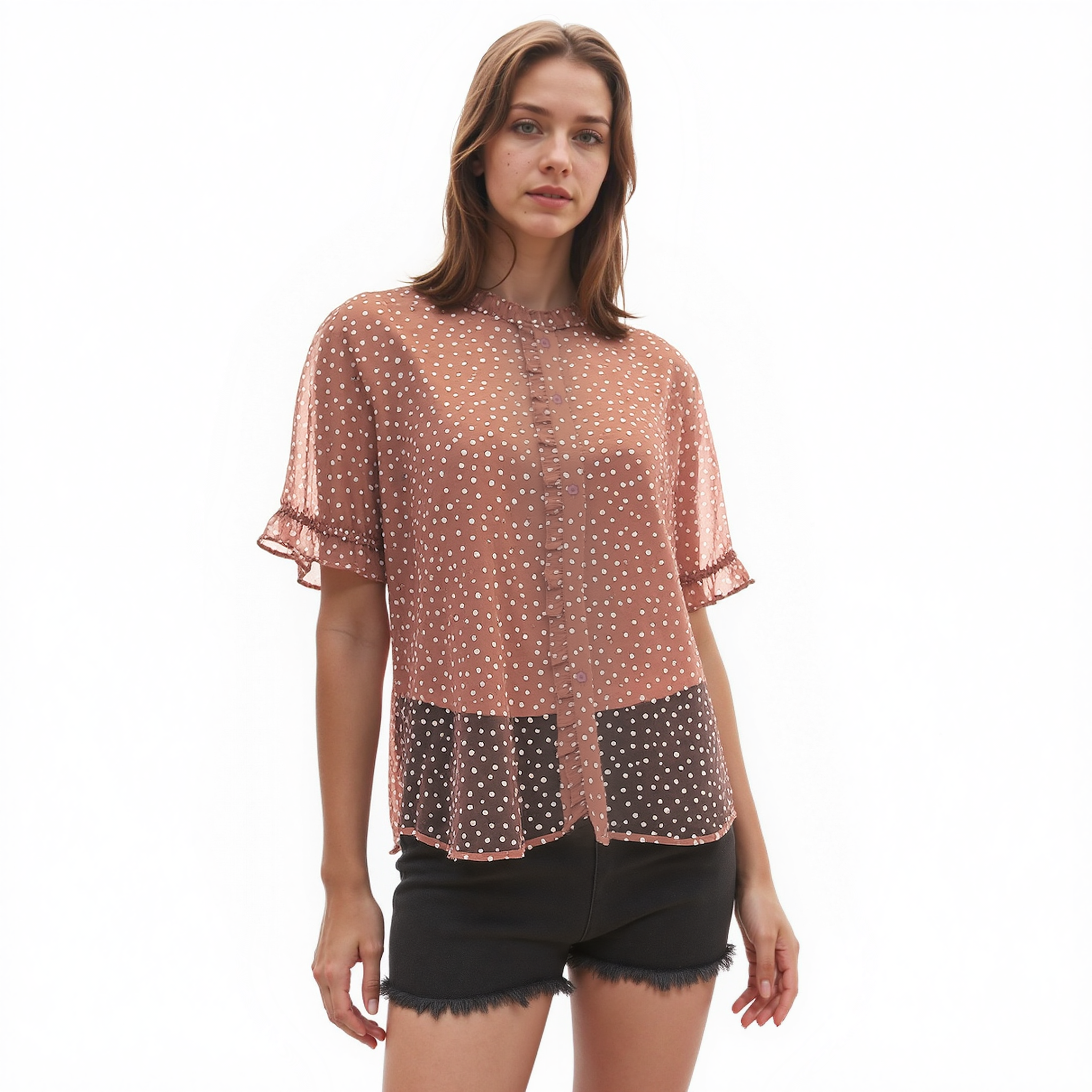 Pleione Sheer Ruffle Front Sleeve Blouse