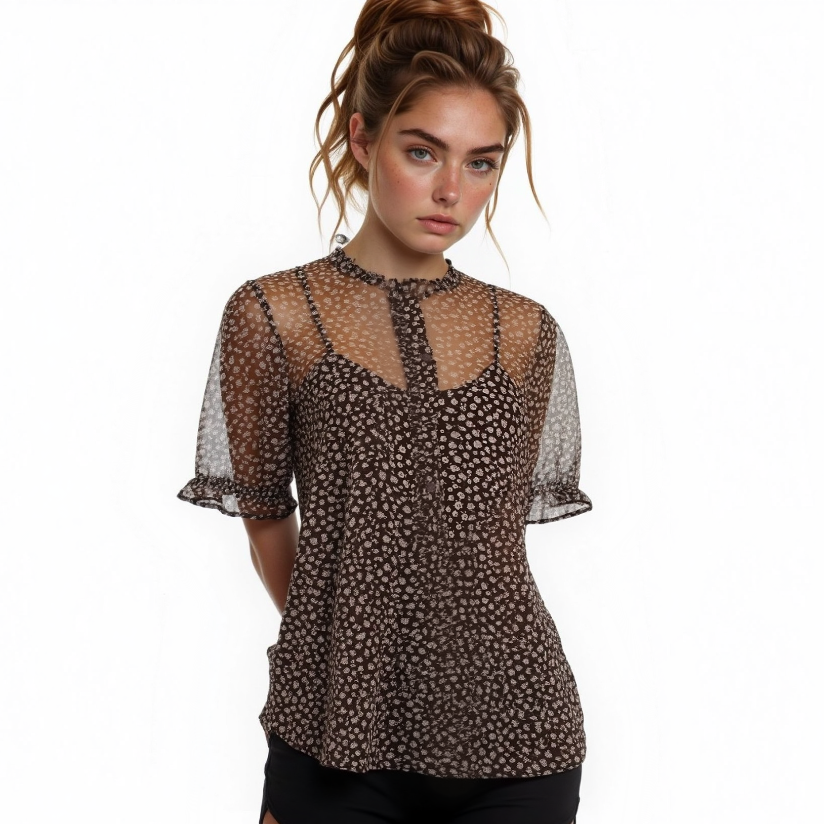 Pleione Sheer Ruffle Front Sleeve Blouse