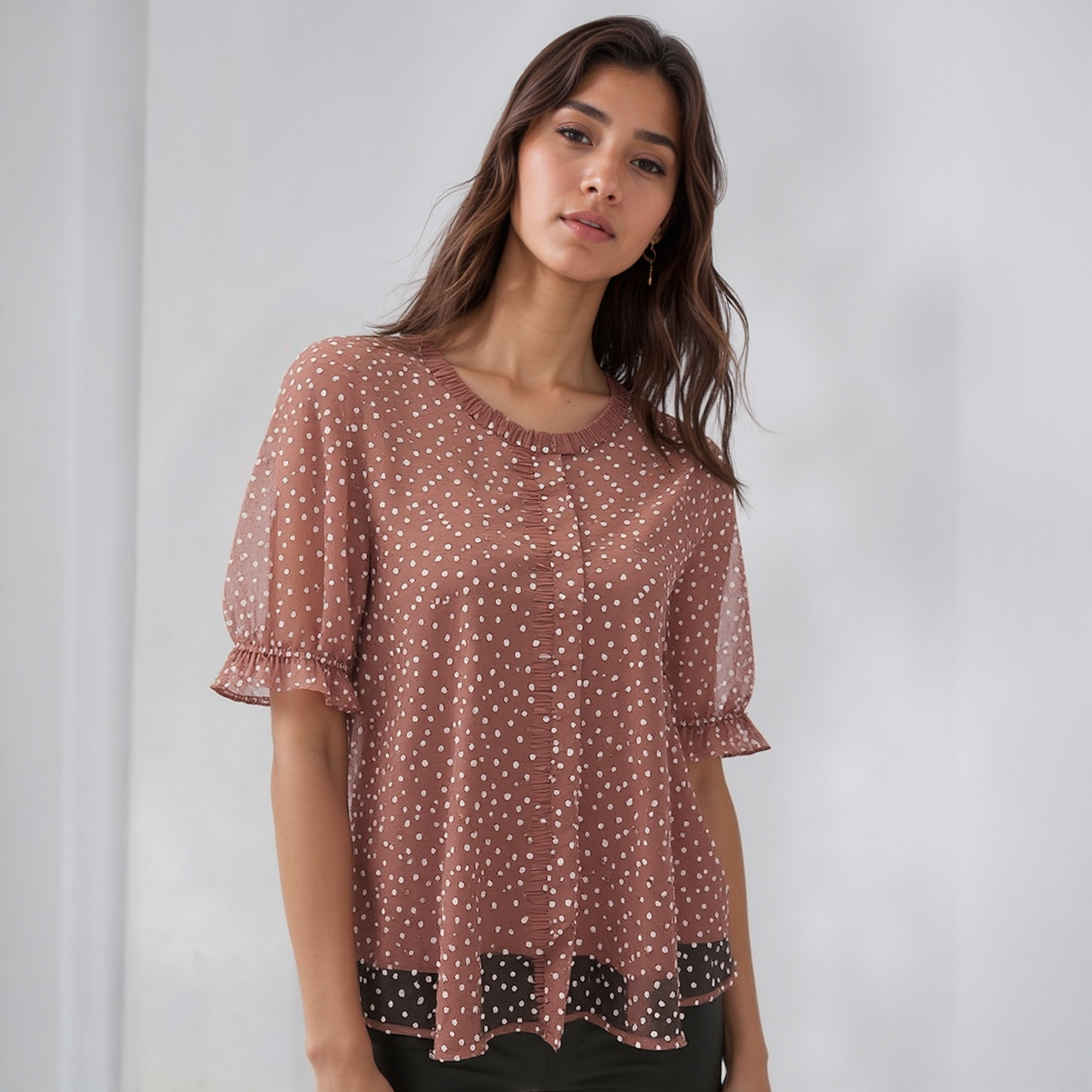 Pleione Sheer Ruffle Front Sleeve Blouse