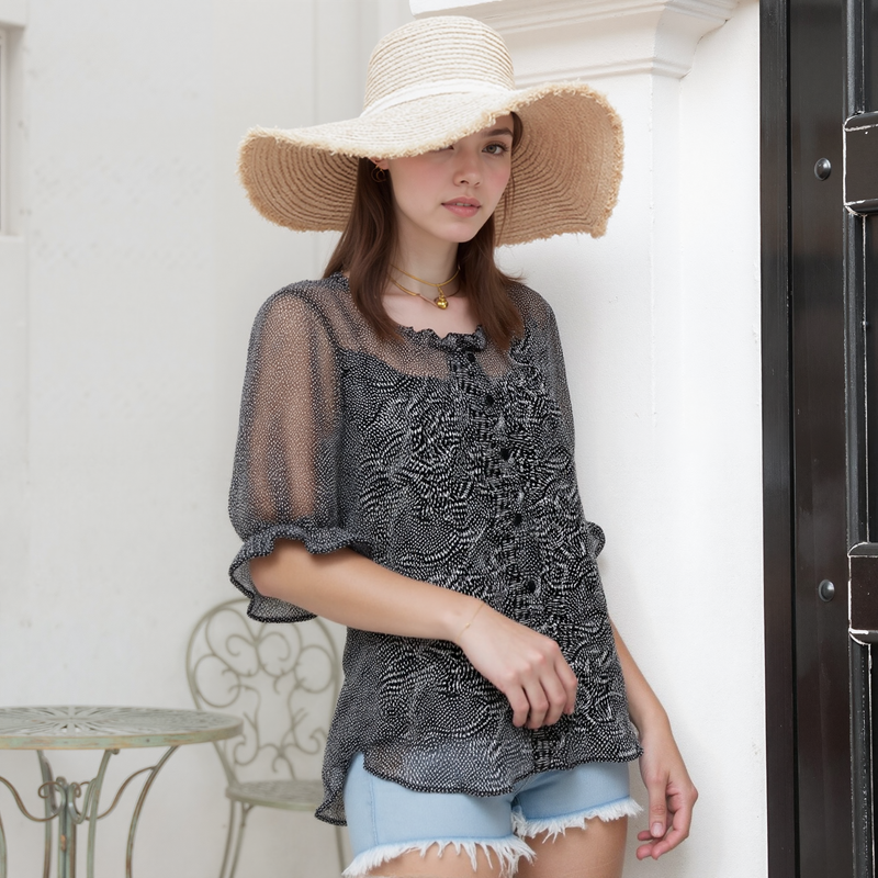 Pleione Sheer Ruffle Front Sleeve Blouse