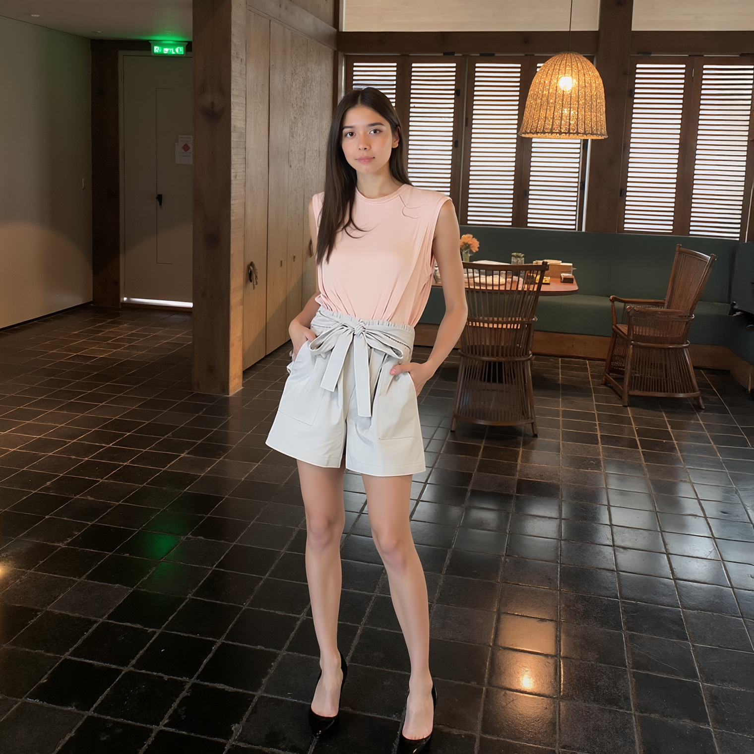 Woman standing in a modern interior setting with wooden walls and dark tiled floor.