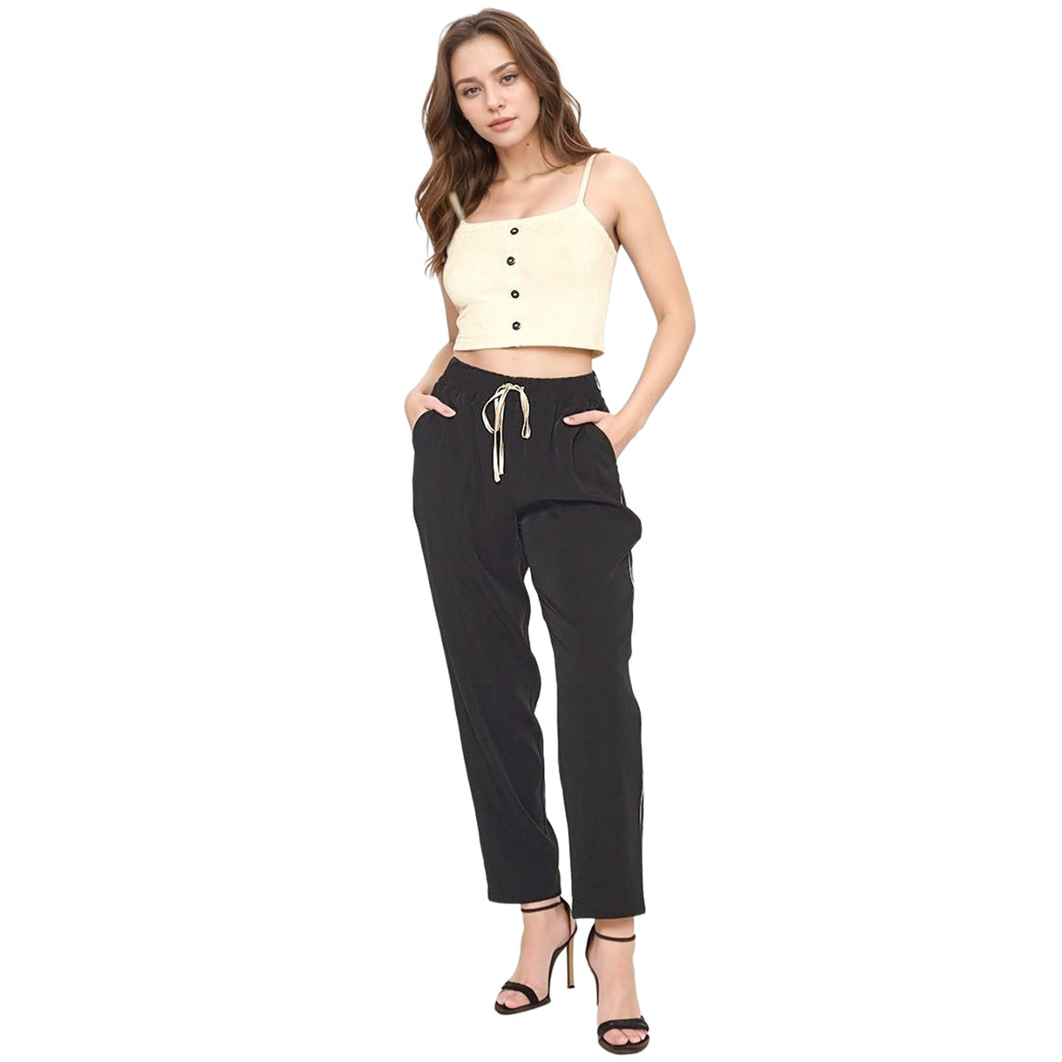 Pleione Women's Satin Drawstring Pants in Black