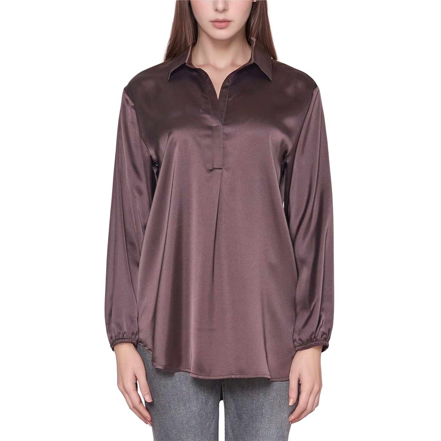Pleione Women's Long Sleeve Collared Satin Tunic