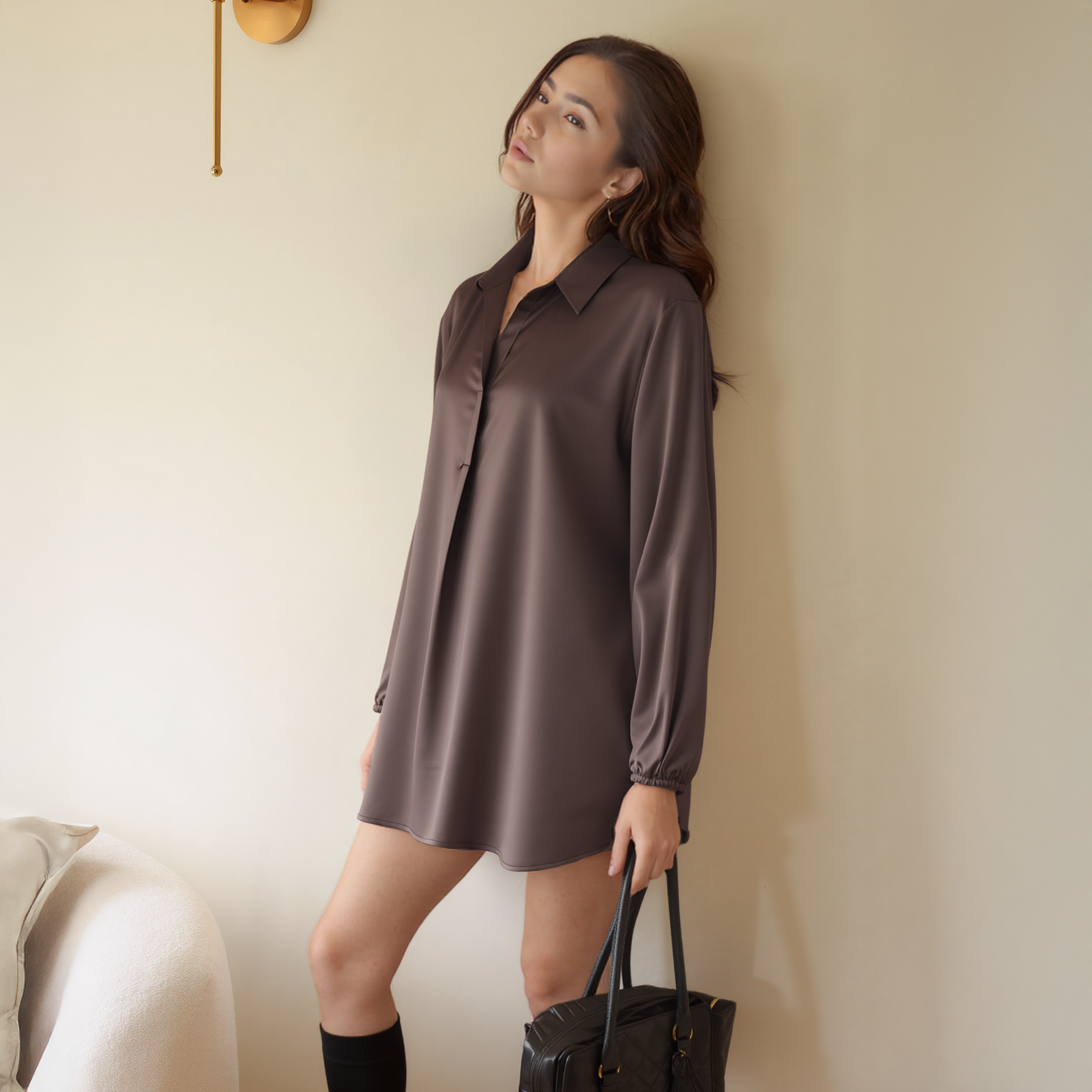 Pleione Women's Long Sleeve Collared Satin Tunic