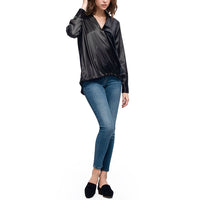 Pleione Women's Charmuese Contrast Cross Front Blouse in Black