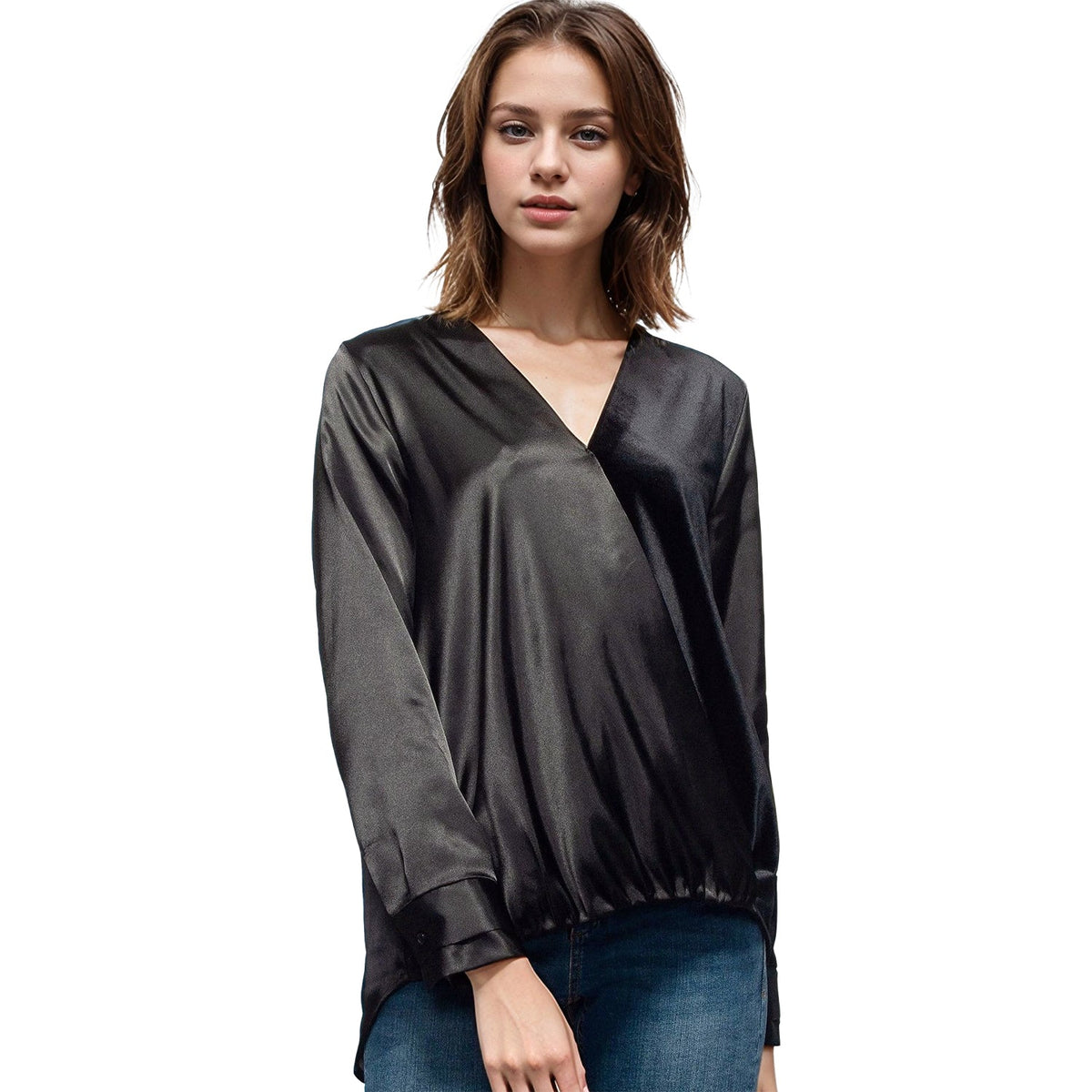Pleione Women's Charmuese Contrast Cross Front Blouse in Black