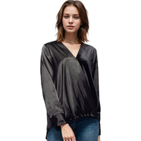 Pleione Women's Charmuese Contrast Cross Front Blouse in Black