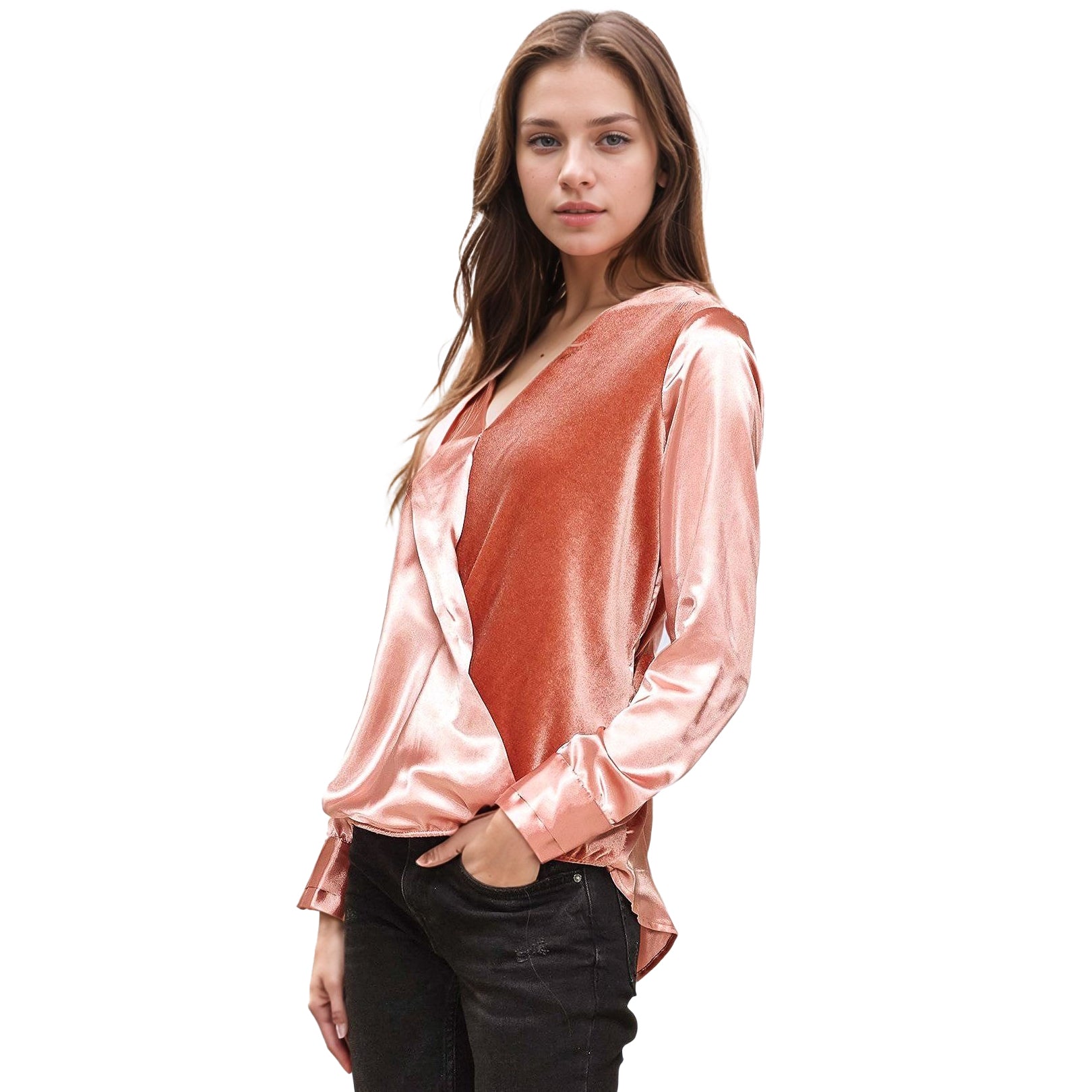 Pleione Women's Charmuese Contrast Cross Front Blouse in Mauve