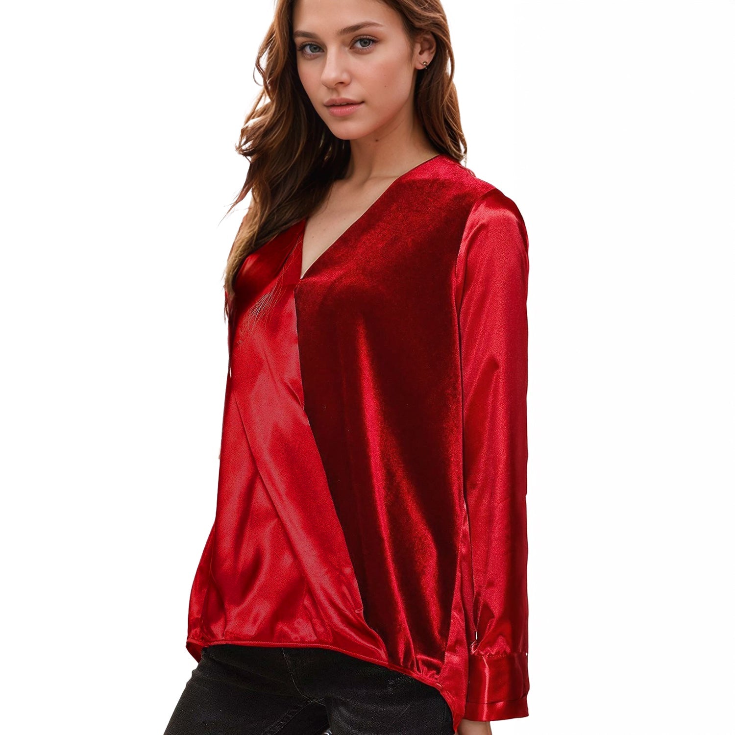 Pleione Women's Charmuese Contrast Cross Front Blouse in Red