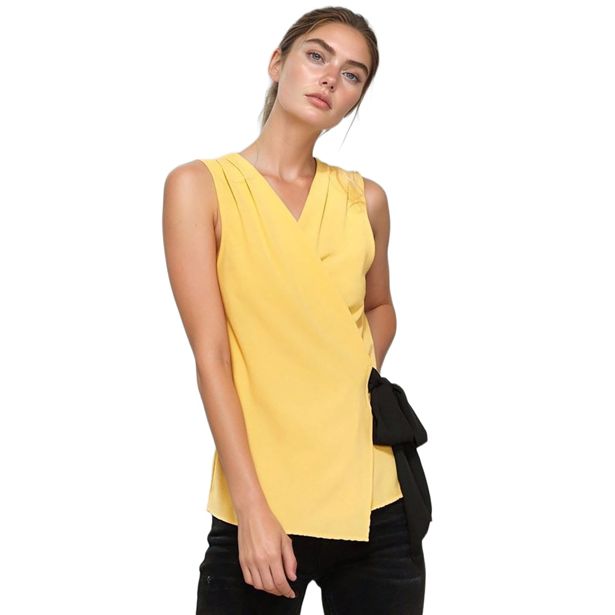 Pleione Pleated Wrapped Side Tie Blouse In Yellow