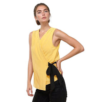 Pleione Pleated Wrapped Side Tie Blouse In Yellow
