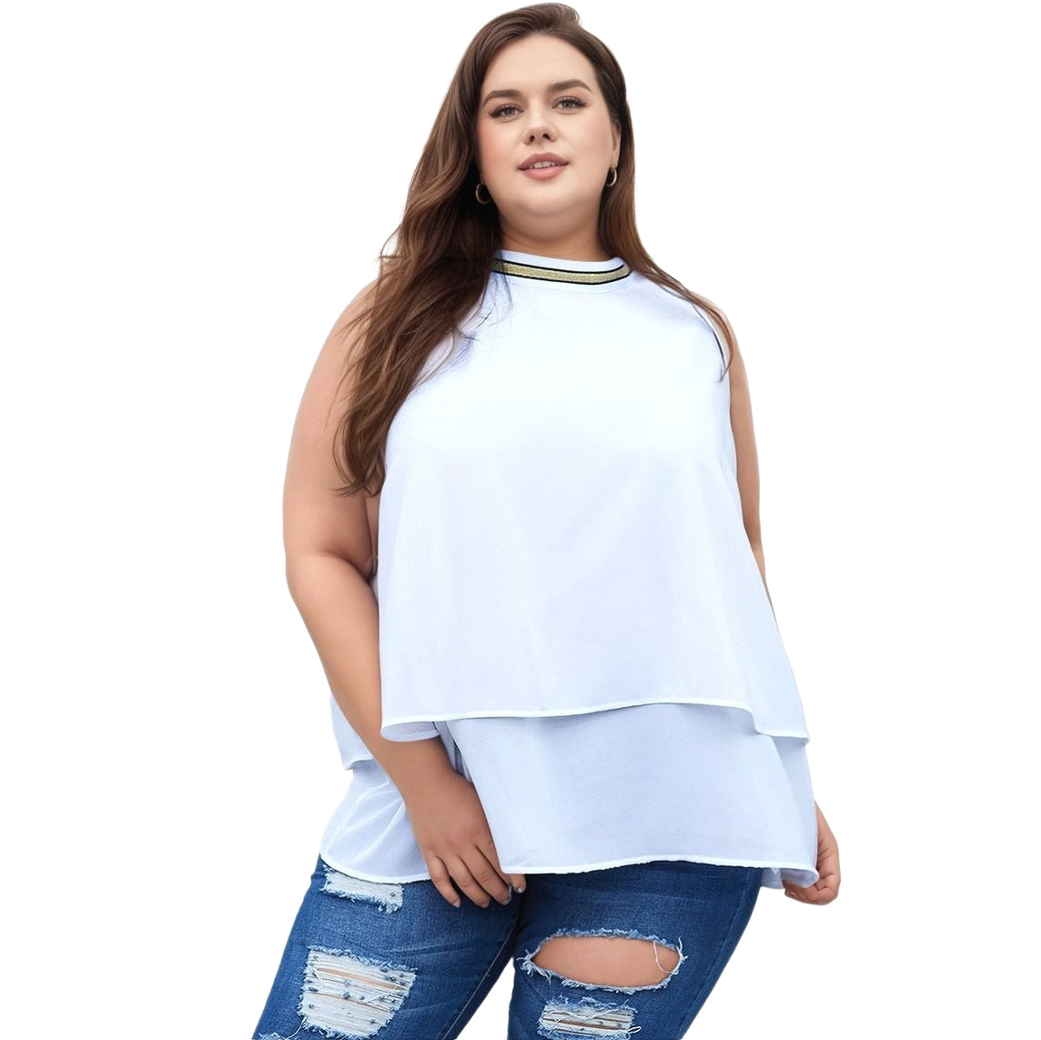N/A Pleione Plus Size Mock Neck Sleeveless Chiffon Blouse In White