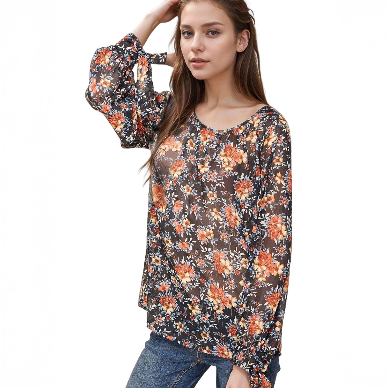 Pleione Women's Sheer Printed Blouse With Self-Tie Sleeve