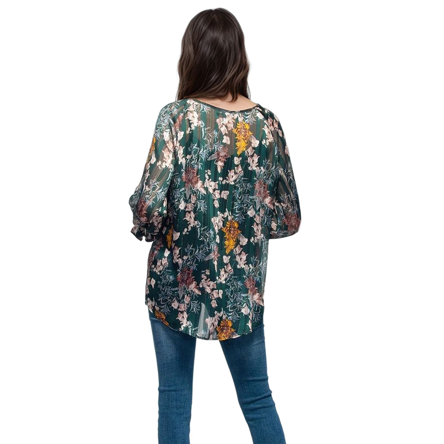 Pleione Women's Sheer Printed Blouse With Self-Tie Sleeve