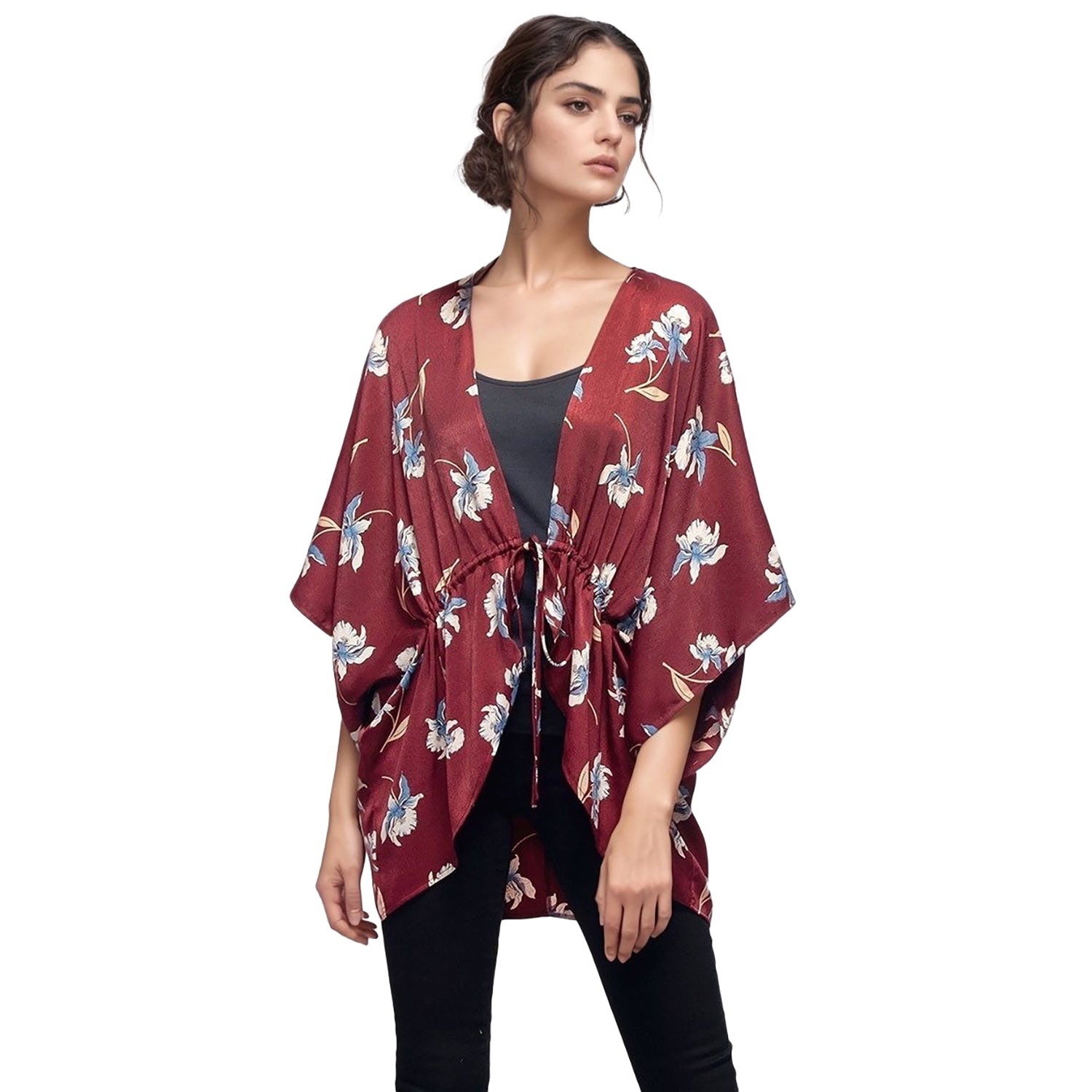 Pleione Women's Self-Tie Front Floral Batwing Kimono Cardigan in Burgundy