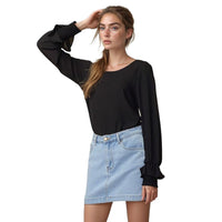 Pleione Women's Round Neck Smocked Ruffle Cuff Top