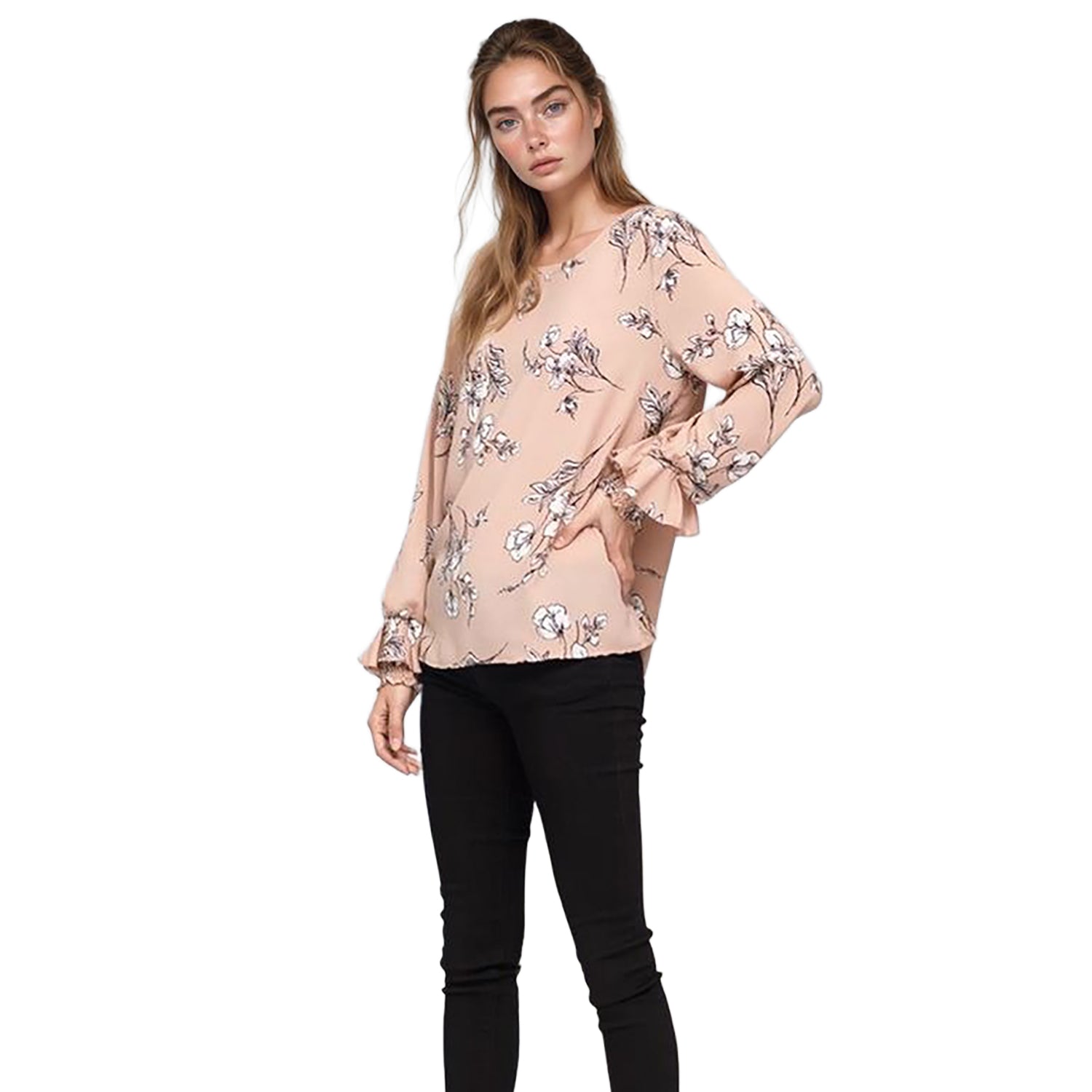 Pleione Women's Round Neck Smocked Ruffle Cuff Top